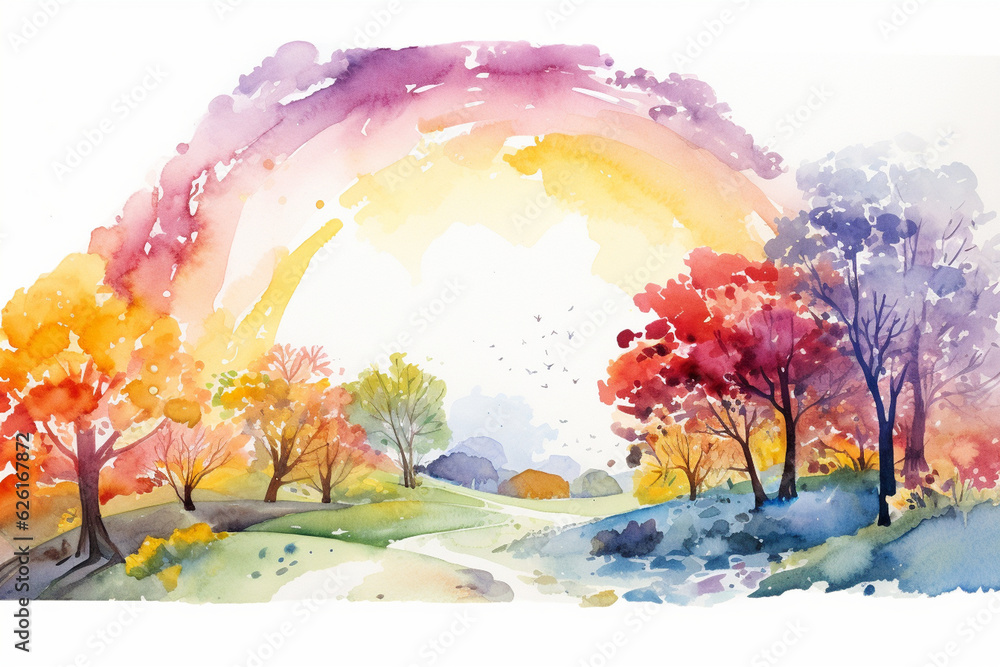 A vibrant watercolor representation of a rainbow after a refreshing autumn rain, arching over a landscape filled with colorful leaves Generative AI