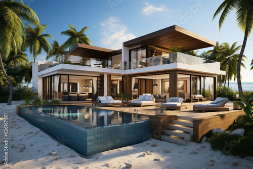 Modern villa on a tropical sand beach among palm trees. AI Generated © wolfhound911