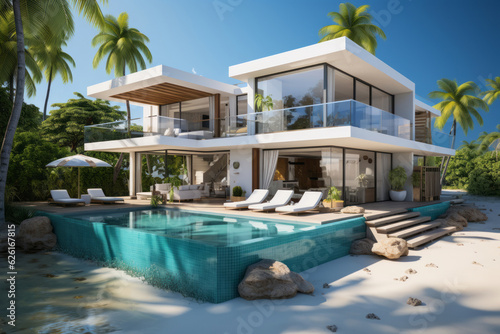 Modern villa on a tropical sand beach among palm trees. AI Generated © wolfhound911