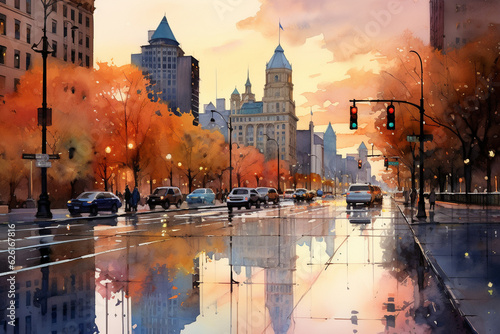 A captivating watercolor scene of a cityscape at dawn, with rain puddles reflecting the beautiful autumn colors Generative AI
