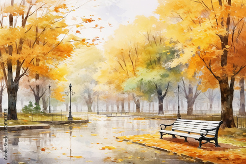 An enchanting watercolor artwork of a picturesque park during autumn, with rain-soaked leaves creating a magical atmosphere Generative AI