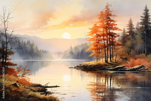A serene watercolor painting of a tranquil lake surrounded by autumn trees, as the first light of dawn breaks through the clouds Generative AI