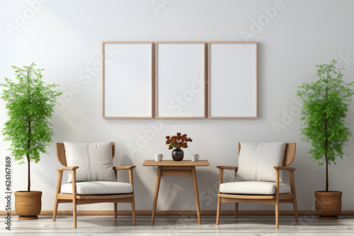 Two armchairs in room with white wall and big frame poster on it. AI Generated