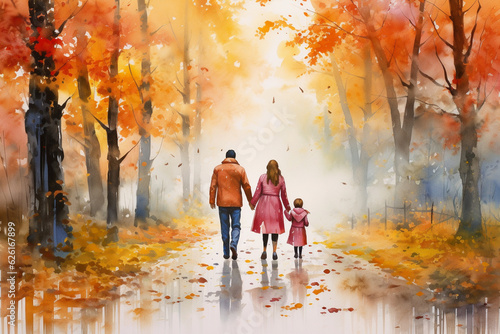 A heartwarming watercolor artwork of a family strolling through an autumn forest, embracing the beauty of rain and dawn Generative AI