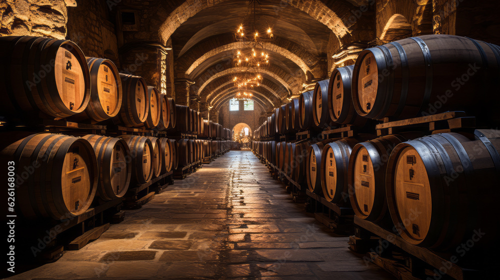Wine cellars with barrels. AI Generated