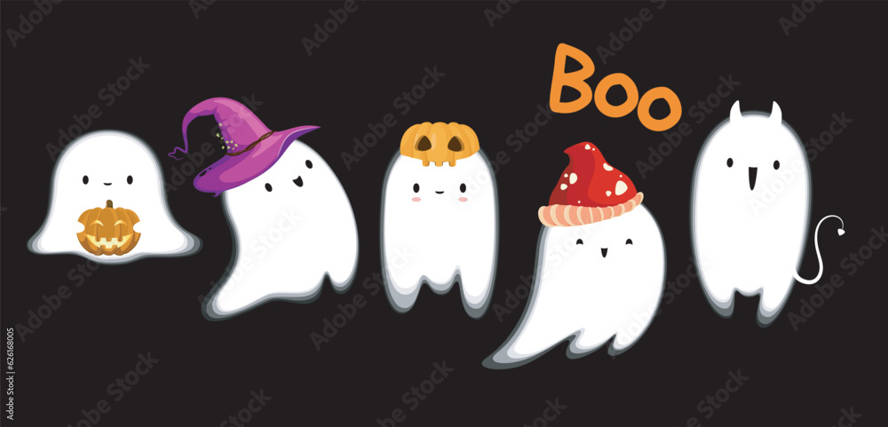 A set of funny ghosts on a dark background. Cute ghosts for halloween.
