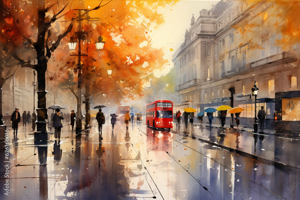 A vibrant watercolor representation of a bustling city street at dawn, adorned with autumn leaves and reflections of rain-soaked pavements Generative AI