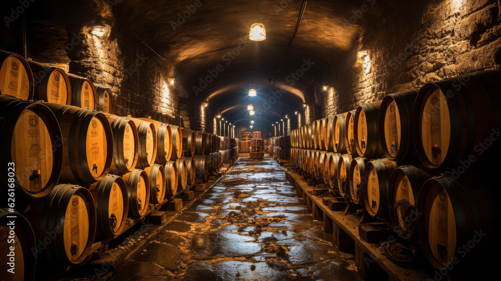 Wine cellars with barrels. AI Generated