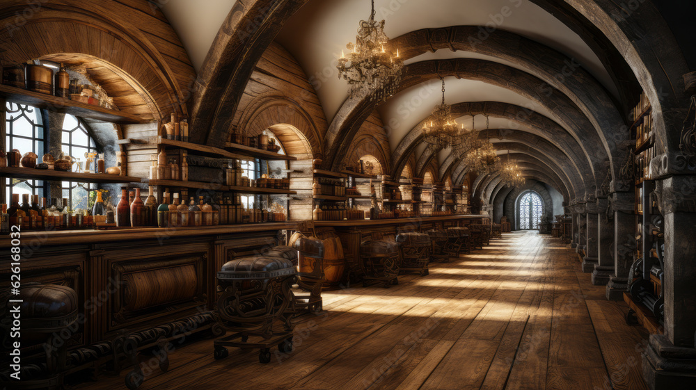 Obraz premium Wine cellars with barrels. AI Generated