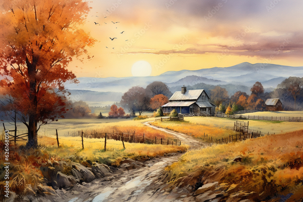 A peaceful watercolor artwork of a countryside farm at dawn, surrounded by fields of golden autumn leaves Generative AI