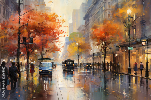 A vibrant watercolor representation of a bustling city street at dawn, adorned with autumn leaves and reflections of rain-soaked pavements Generative AI