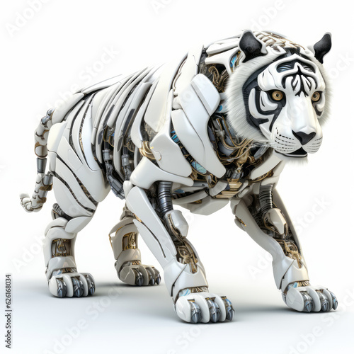 White tiger robot, robotic animal isolated over white background. AI Generated © AI_images