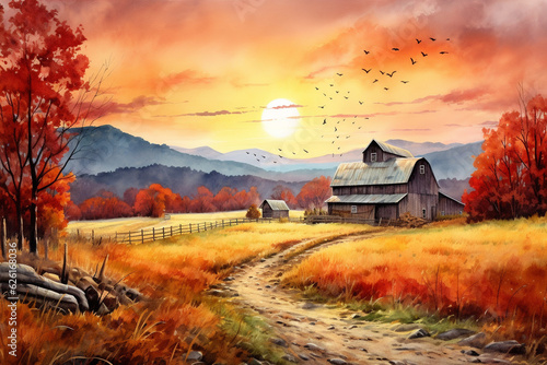 A magical watercolor painting of a countryside barn surrounded by fields of autumn leaves, as the sun rises after a night of rain Generative AI