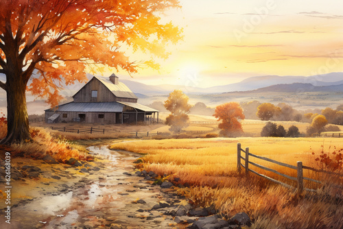 A magical watercolor painting of a countryside barn surrounded by fields of autumn leaves, as the sun rises after a night of rain Generative AI