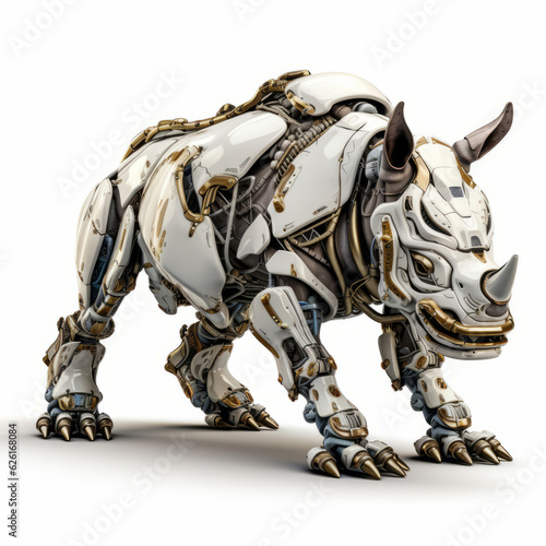 Strong rhinoceros robot, robotic animal isolated over white background. AI Generated