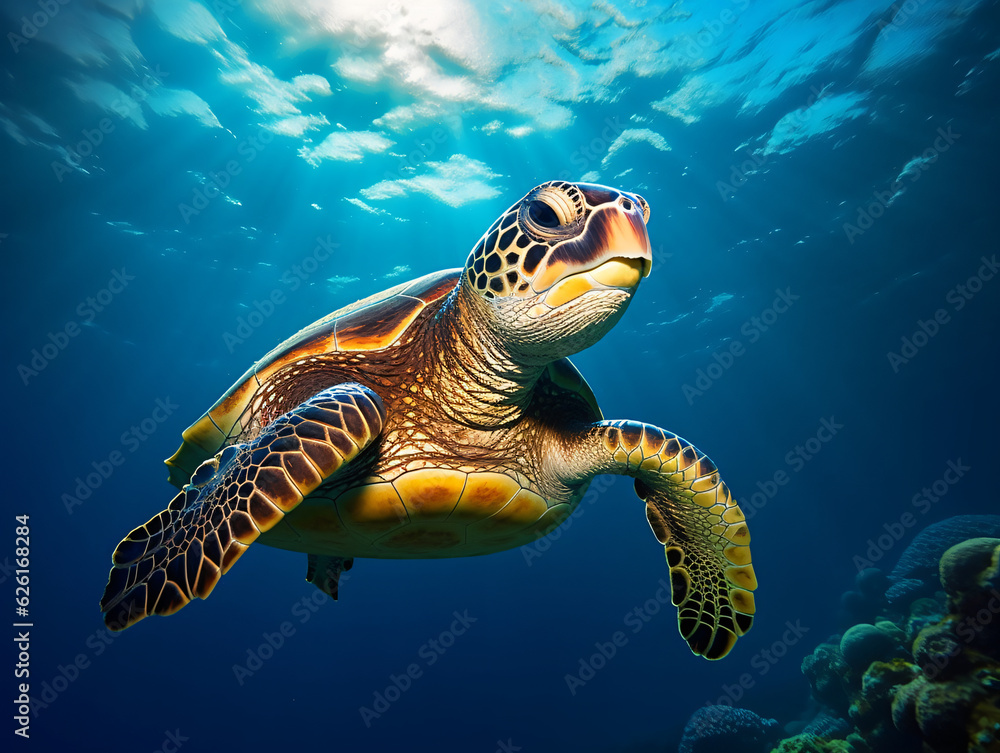 Fototapeta premium In the crystal-clear waters, a vibrant green sea turtle gracefully swims amidst a colorful coral reef Generative ai