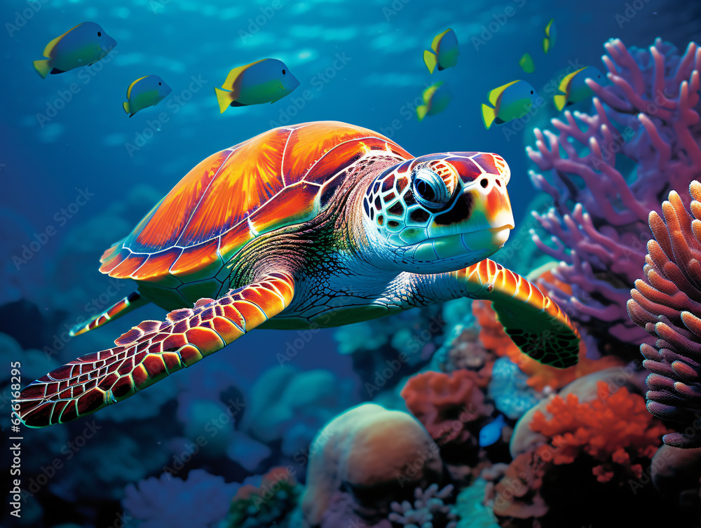 Obraz premium In the crystal-clear waters, a vibrant green sea turtle gracefully swims amidst a colorful coral reef Generative ai