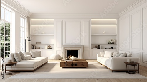 modern large living room interior with white empty wall with hardwood floors  fluffy rug and designer furniture  Generative AI
