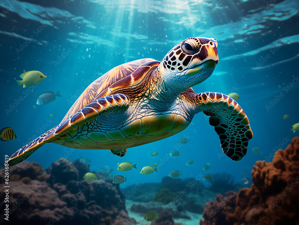 In the crystal-clear waters, a vibrant green sea turtle gracefully swims amidst a colorful coral reef Generative ai