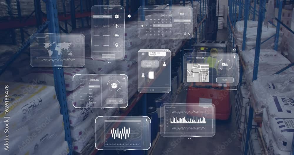 Animation of data on screens over caucasian man working in warehouse Animation of data on screens over caucasian man working in warehouse