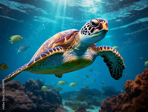 In the crystal-clear waters  a vibrant green sea turtle gracefully swims amidst a colorful coral reef Generative ai