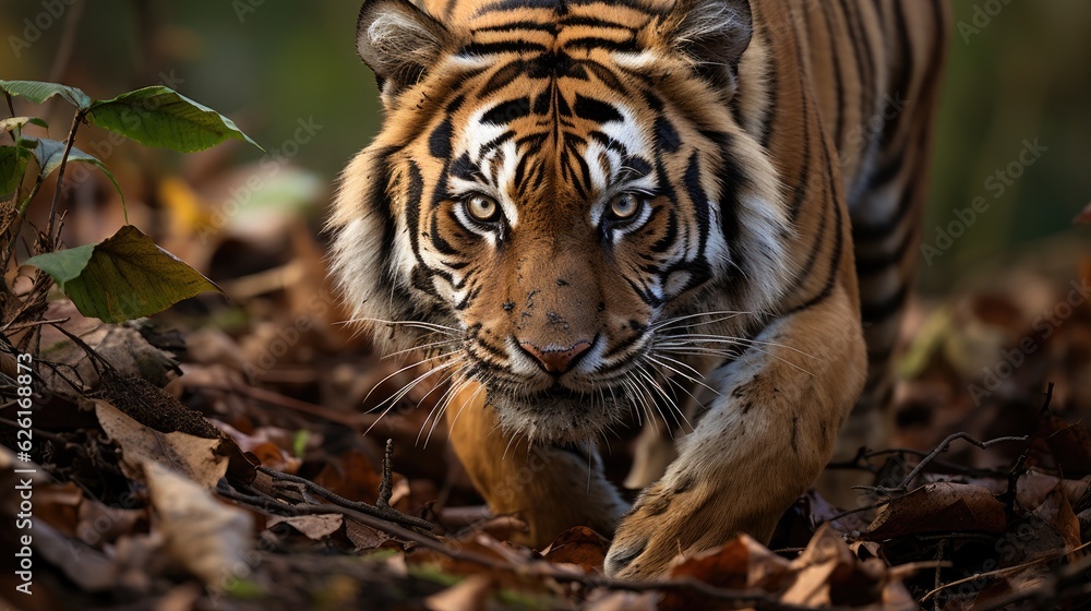 A Bengal Tiger (Panthera tigris tigris) emerging from the dense forest in India's Bandhavgarh National Park, its striped coat a striking image of regal beauty. A Bengal Tiger (Panthera tigris tigris) emerging from the dense forest in India's Bandhavgarh National Park, its striped coat a striking image of regal beauty.