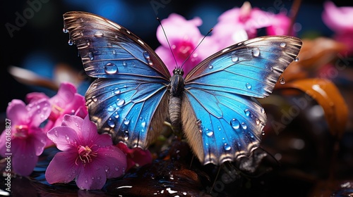 A blue morpho butterfly (Morpho peleides) resting on a vibrant orchid in the Amazon rainforest, its brilliant blue wings glistening with dew under the morning light. photo