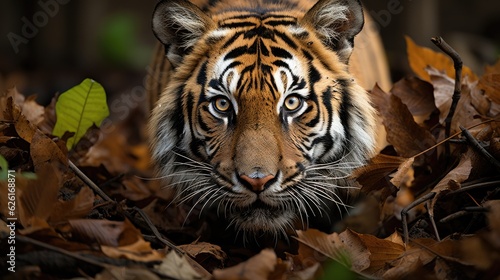 A Bengal Tiger (Panthera tigris tigris) emerging from the dense forest in India's Bandhavgarh National Park, its striped coat a striking image of regal beauty.