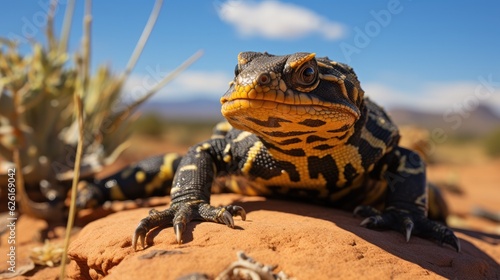 A Gila monster (Heloderma suspectum) slowly navigating the rocky terrain of the Sonoran Desert, its vibrant pink and black scales standing out starkly against the pale sand and scrub. photo