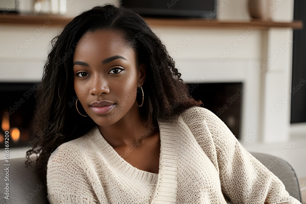 An African woman with long hair in a light sweater is sitting on a sofa near a fireplace