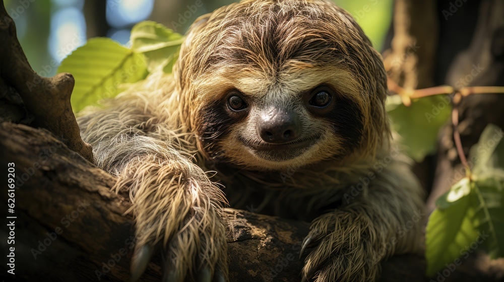 A Brown-throated Three-toed Sloth (Bradypus variegatus) hanging from a tree in the Amazon Rainforest, its slow movements and camouflaged fur a fascinating sight amidst the dense foliage. A Brown-throated Three-toed Sloth (Bradypus variegatus) hanging from a tree in the Amazon Rainforest, its slow movements and camouflaged fur a fascinating sight amidst the dense foliage.