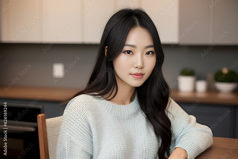 Model woman in a white sweater sits in the kitchen Model woman in a white sweater sits in the kitchen