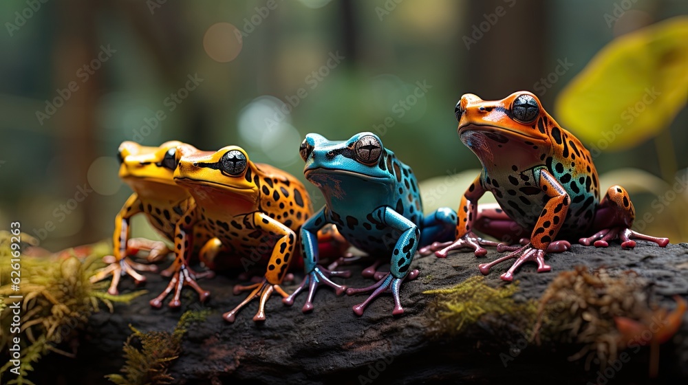 A group of Poison Dart Frogs (Dendrobatidae) hopping through the ...