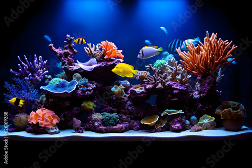 colourful reef aquarium with coral fishes and neon light