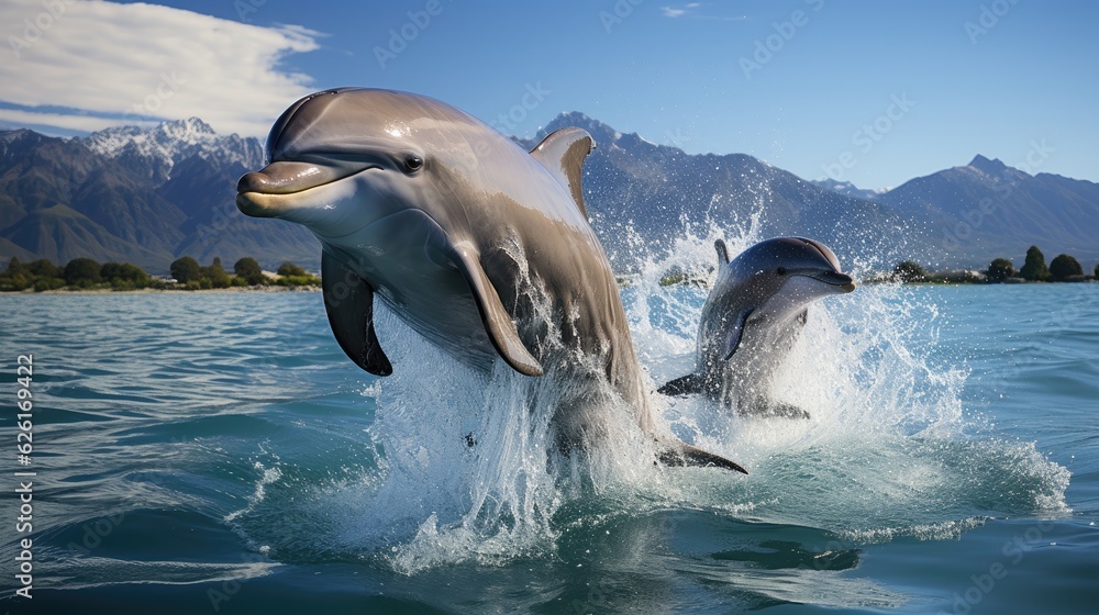 Fototapeta premium A group of Bottlenose Dolphins (Tursiops) leaping in unison in the waters off New Zealand's Kaikoura Coast, their sleek bodies and playful behavior a delightful spectacle.