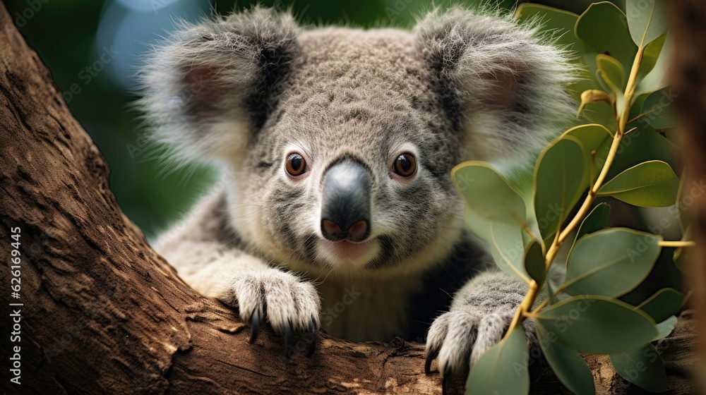 Obraz premium A koala (Phascolarctos cinereus) clinging to a eucalyptus tree in the Australian bushland, its fuzzy gray form a cozy sight among the cool green leaves.