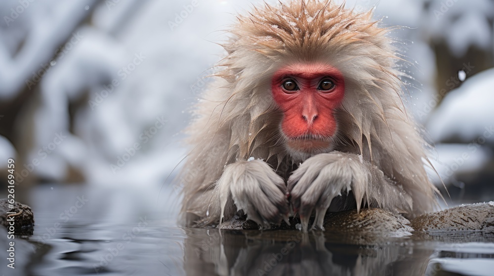 Naklejka premium A Snow Monkey (Macaca fuscata) warming up in a hot spring in Japan's Jigokudani Monkey Park, its red face and thick fur a heartwarming sight against the snowy landscape.