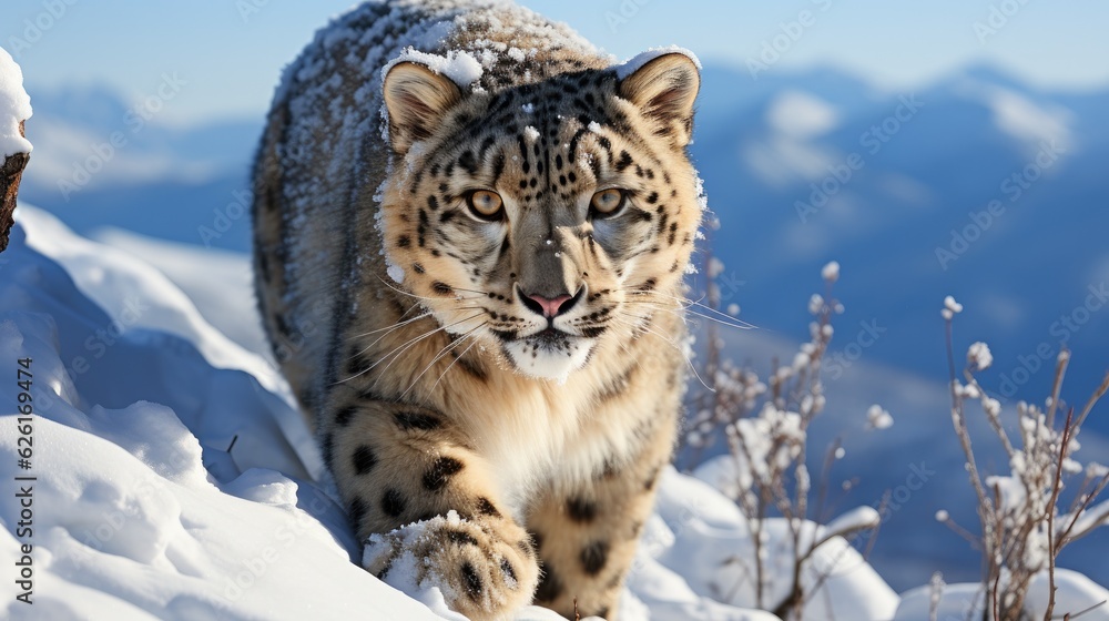 Fototapeta premium A Snow Leopard (Panthera uncia) stealthily climbing the rocky terrain of Mongolia's Altai Mountains, its thick coat and long, bushy tail blending perfectly with the snow-covered landscape.