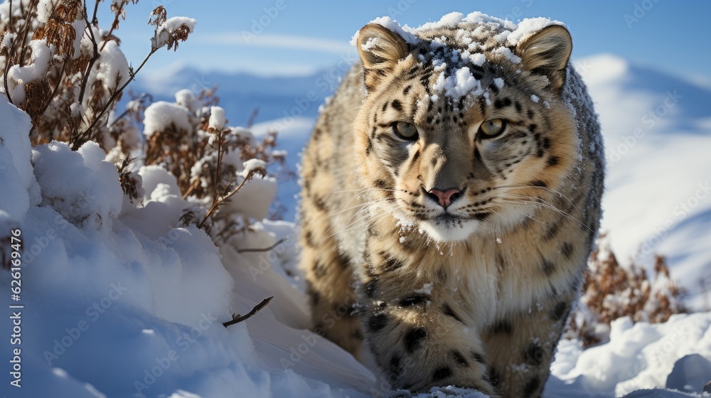 Obraz premium A Snow Leopard (Panthera uncia) stealthily climbing the rocky terrain of Mongolia's Altai Mountains, its thick coat and long, bushy tail blending perfectly with the snow-covered landscape.