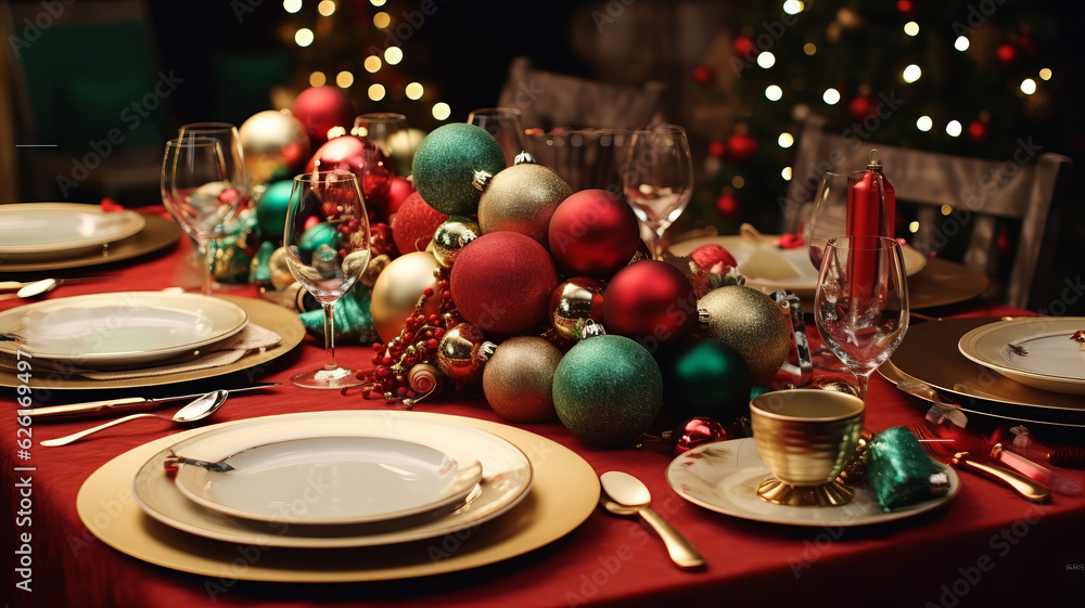 A Christmas table with a invitation card set on the table. AI Generated A Christmas table with a invitation card set on the table. AI Generated
