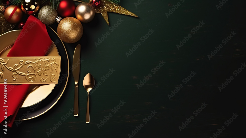 A Christmas table with a invitation card set on the table. AI Generated