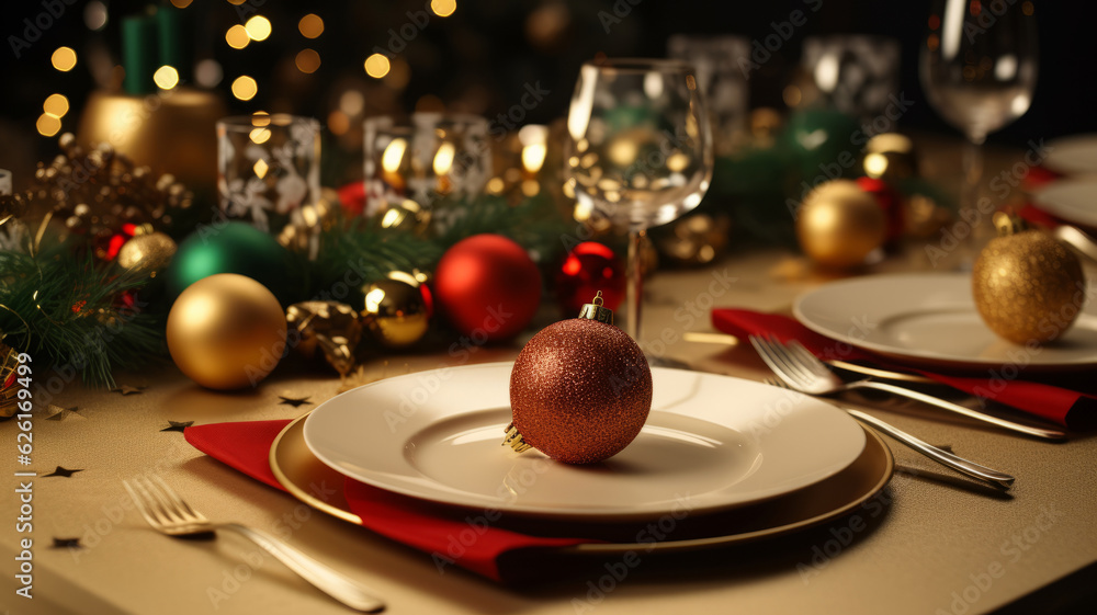 A Christmas table with a invitation card set on the table. AI Generated