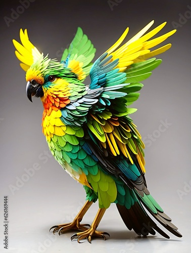 A colorful bird with a green and yellow wings is shown. photo