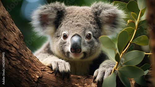 A koala  Phascolarctos cinereus  clinging to a eucalyptus tree in the Australian bushland  its fuzzy gray form a cozy sight among the cool green leaves.