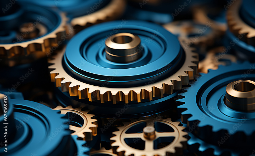 a group of blue gears that are pinned against the top of a dark blue background. AI Generated a group of blue gears that are pinned against the top of a dark blue background. AI Generated