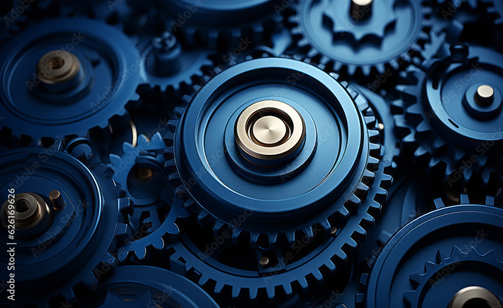 a group of blue gears that are pinned against the top of a dark blue background. AI Generated a group of blue gears that are pinned against the top of a dark blue background. AI Generated