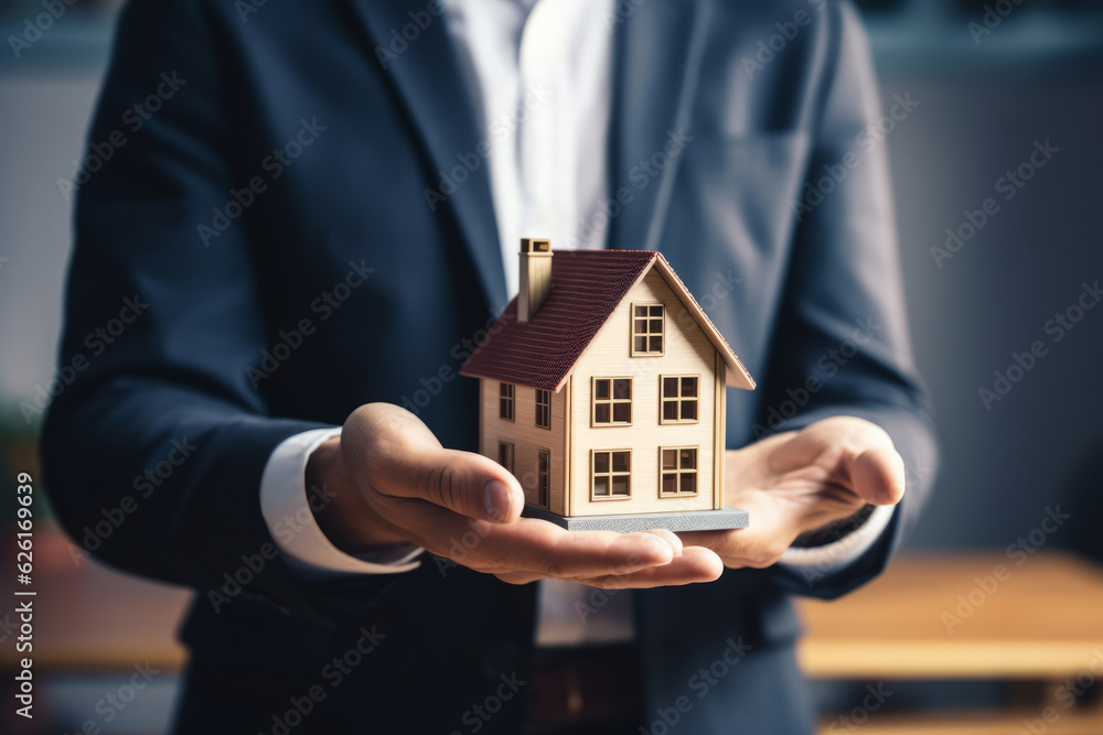 a man holding house model, property agent, landmark background. AI Generated a man holding house model, property agent, landmark background. AI Generated