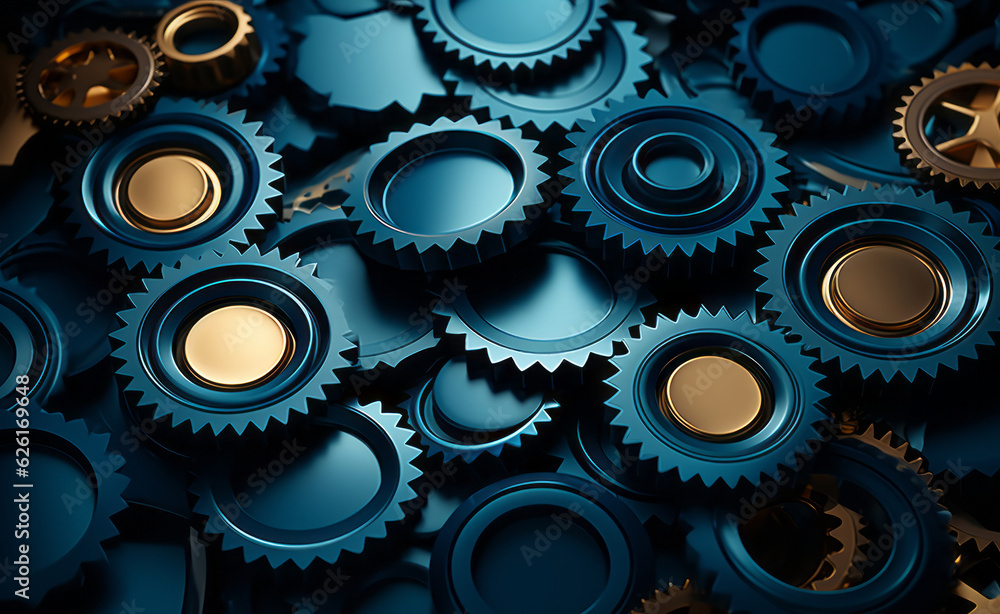 a group of blue gears that are pinned against the top of a dark blue background. AI Generated a group of blue gears that are pinned against the top of a dark blue background. AI Generated