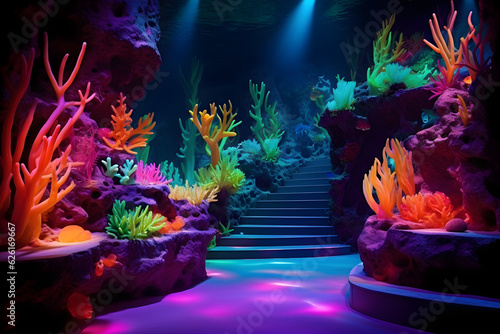 colourful reef themed interior design stairway with coral and neon lights