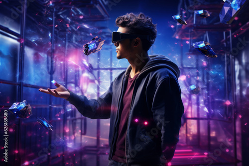 a man experiencing 4d Lights and shadows of the metaverse. AI Generated